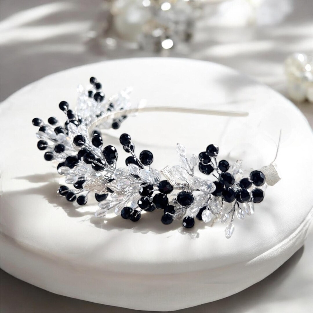 Black Crystal Bridal Headband: Silver Metal Leaf Occasion 