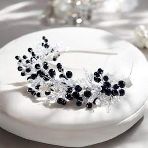 Coiffe de mariée alternative, serre-tête de mariée noir et argent et serre-tête de cérémonie avec cristaux et feuilles