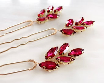 Wine red crystal hair pins, red crystal headpiece