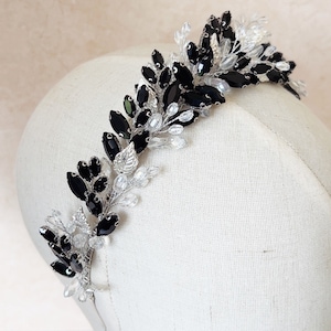 Bandeau de mariée noir, bandeau de mariée et de cérémonie noir et argent avec cristaux et feuilles