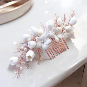 Rose gold bridal headpiece, Porcelain flower bridal hair comb with pearls and crystals