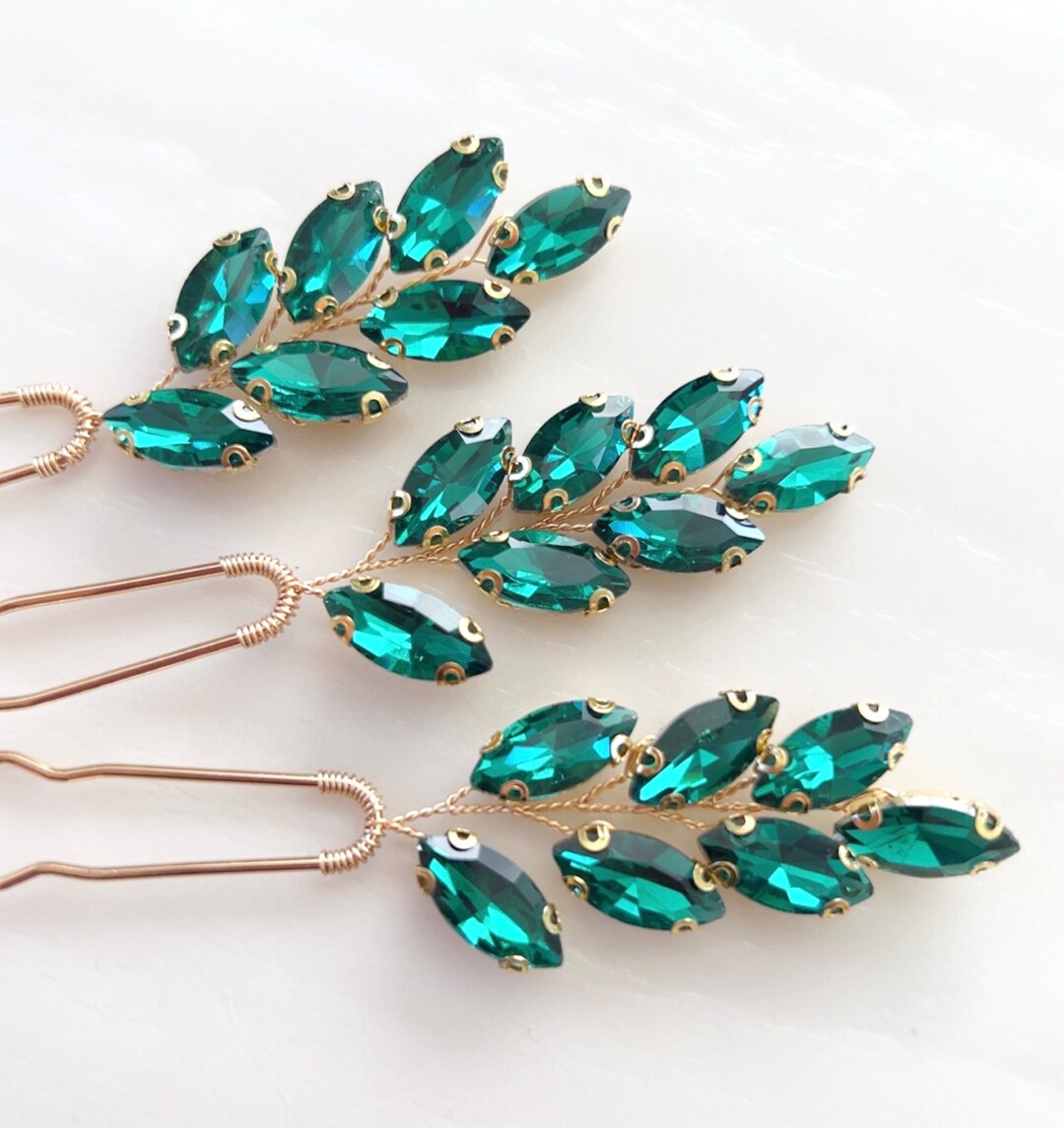 Emerald Green Crystal Hair Pins, Set of 3 Green Hair Pins, Emerald