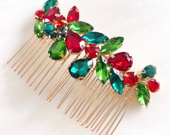 Christmas hair comb, red and green crystal hair comb, Christmas party hair accessory