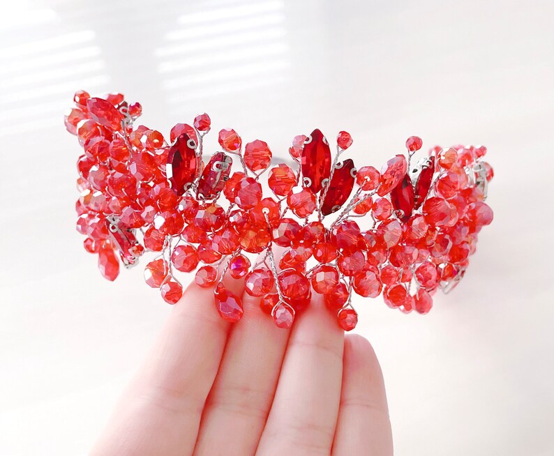 Red crystal headpiece, red bridal headband image 5