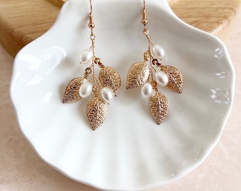 Gold leaf and Pearl bridal earrings, bridal and occasion earrings