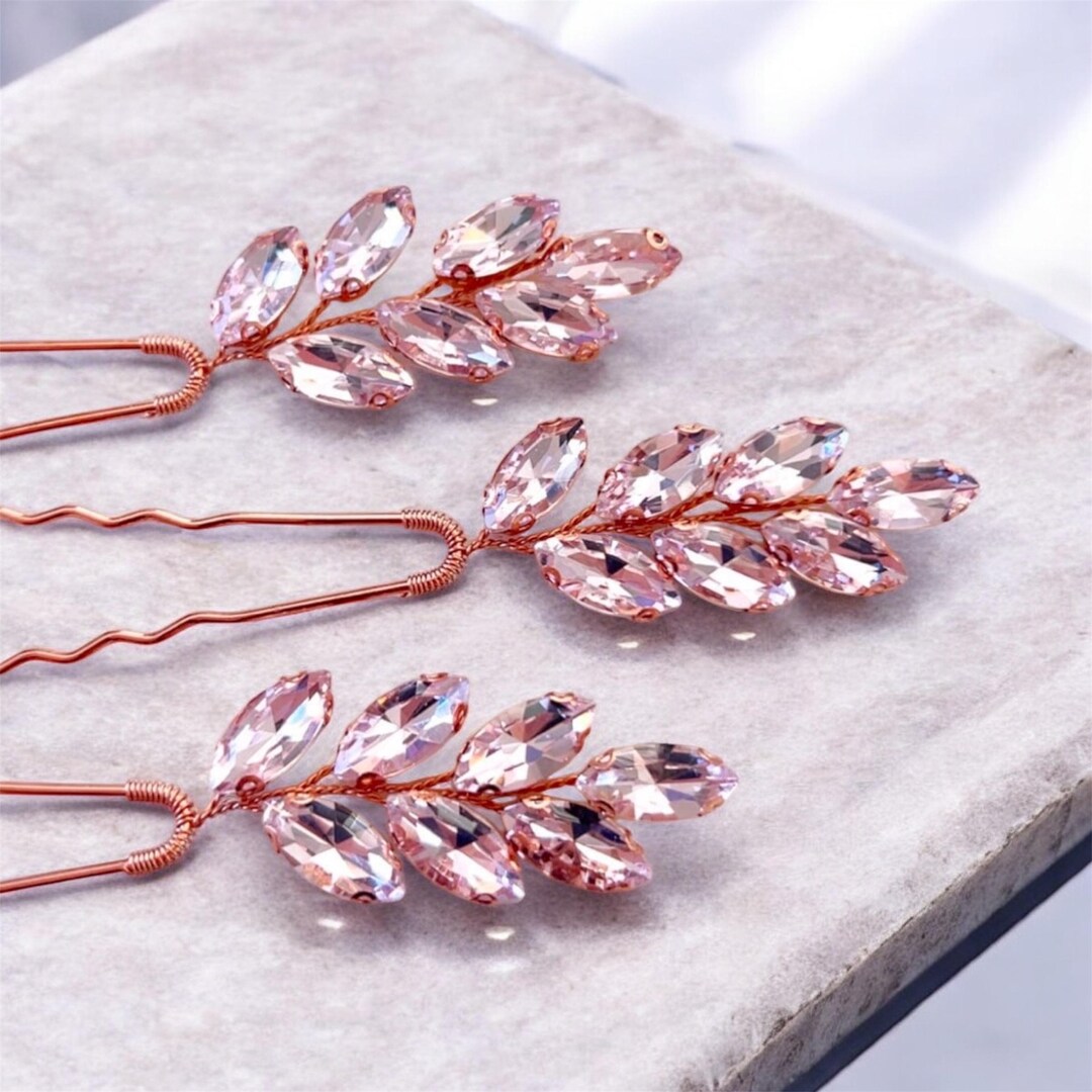 Pink and Rose Gold Hair Pins, Set of 3 Pink Crystal Hair Pins, Blush ...