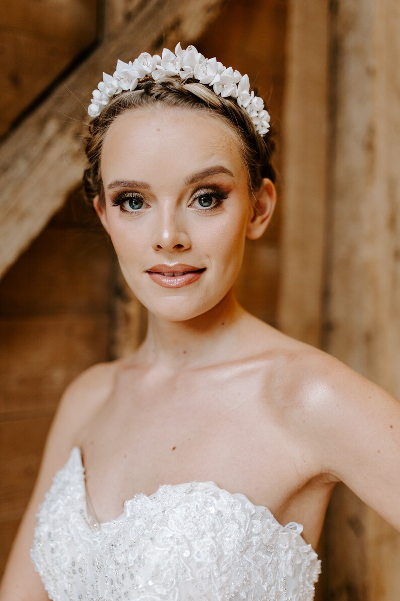 White bridal porcelain flower hair piece, white bridesmaid and flower girl headband image 3