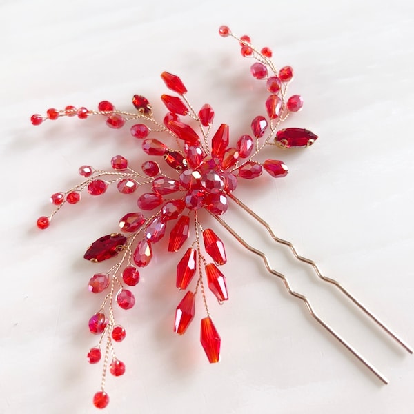 Red crystal hair pin, Christmas gift for her, Christmas party hair accessory