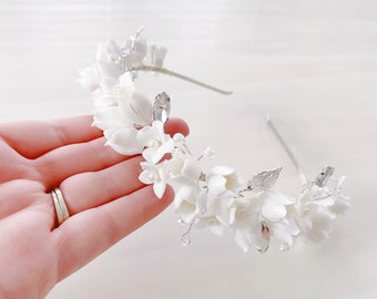 Bridal headband, White porcelain flower bridal hair piece, floral bridal crown