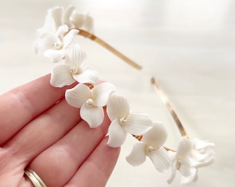 White Porcelain Flower Bridal Headband: Bohemian Wedding Headpiece