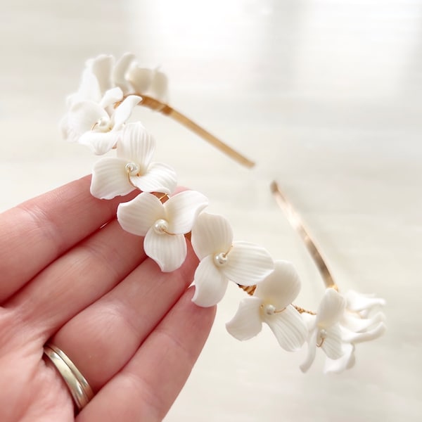 White Porcelain Flower Bridal Headband: Bohemian Wedding Headpiece