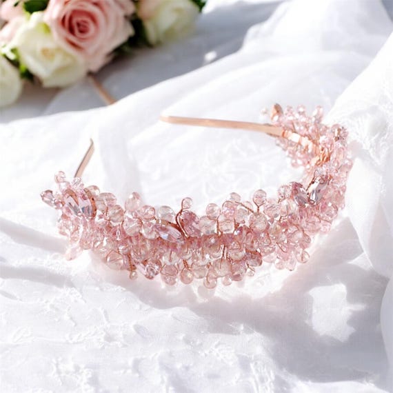 Pink Crystal Headpiece, Pink and Rose Gold Bridal Headband  display picture 3