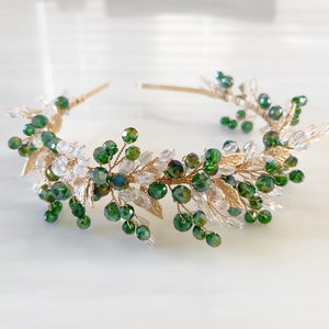 Green and gold headpiece, peridot green crystal headband for special occasion