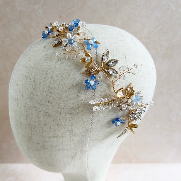 Something Blue bridal hair vine with gold leaves and forget me not crystal flowers