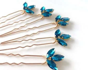 Peacock blue hair pins, teal blue crystal hair pins, set of 5 hair pins