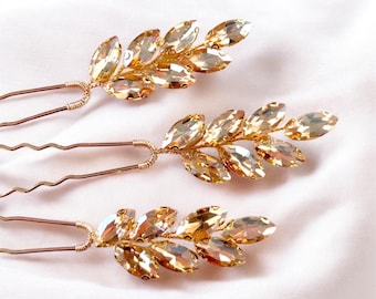 Gold Crystal Leaf Hair Pins - Set of 3 Wedding Hair Accessories