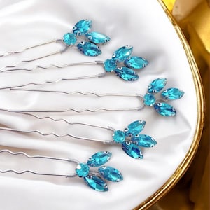 Blue crystal hair pins, set of 5 blue hair pins, blue bridal headpiece