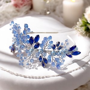 Blue Crystal Bridal Tiara: Pearl Wedding Headpiece