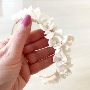 White bridal porcelain flower hair piece, white bridesmaid and flower girl headband image 7