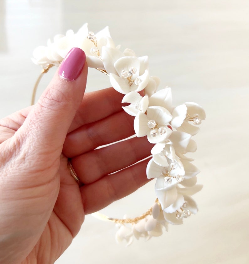 White bridal porcelain flower hair piece, white bridesmaid and flower girl headband image 7