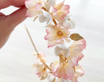 Bridal headband, White porcelain flower bridal headpiece, floral bridal crown