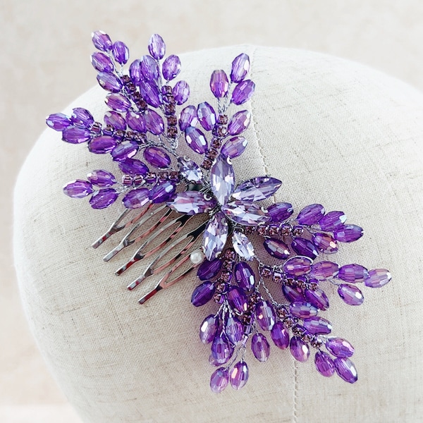 Purple bow fascinator, purple crystal hair comb, prom and occasion headpiece