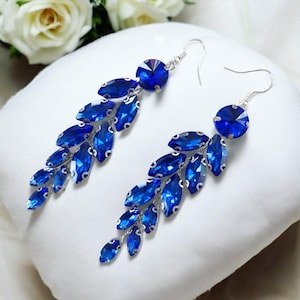 Blue crystal occasion earrings for wedding prom and party, blue crystal statement earrings