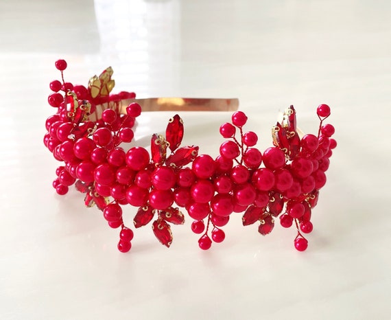 Living Fully Co Red Embellished Headband with Pearls and Gems Festive Vibrant Red Pearl Headband, Red and Occasion  main image 3
