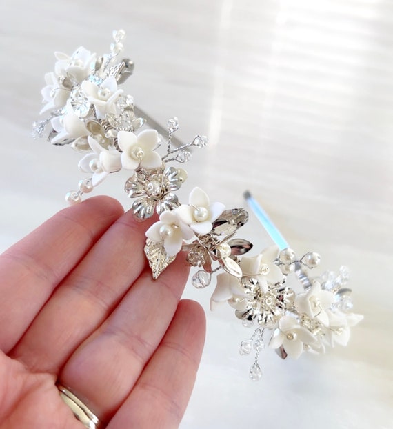 White Porcelain Flower Bridal Headband: Silver Pearl Wedding  display picture 3
