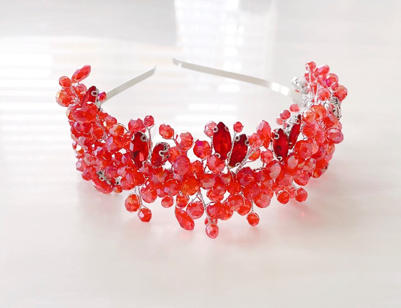 Red crystal headpiece, red bridal headband image 6