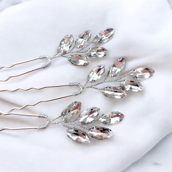 Crystal Leaf Hair Pins: Silver Bridal Hair Accessories, Set  display picture 3