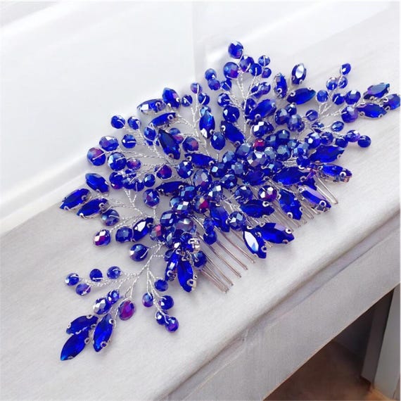 Royal Blue Crystal Bridal Hair Comb: Elegant Wedding  display picture 2