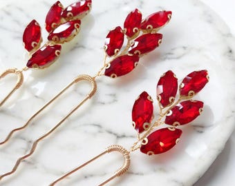 Red Crystal Leaf Hair Pins, Wedding Headpiece, Set of 3