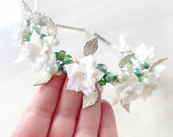 White bridal flower crown, green and white headpiece, bohemian headband