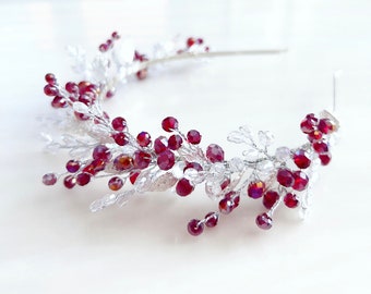 wine red crystal fascinator headband, silver leaf tiara, red boho bridal headpiece