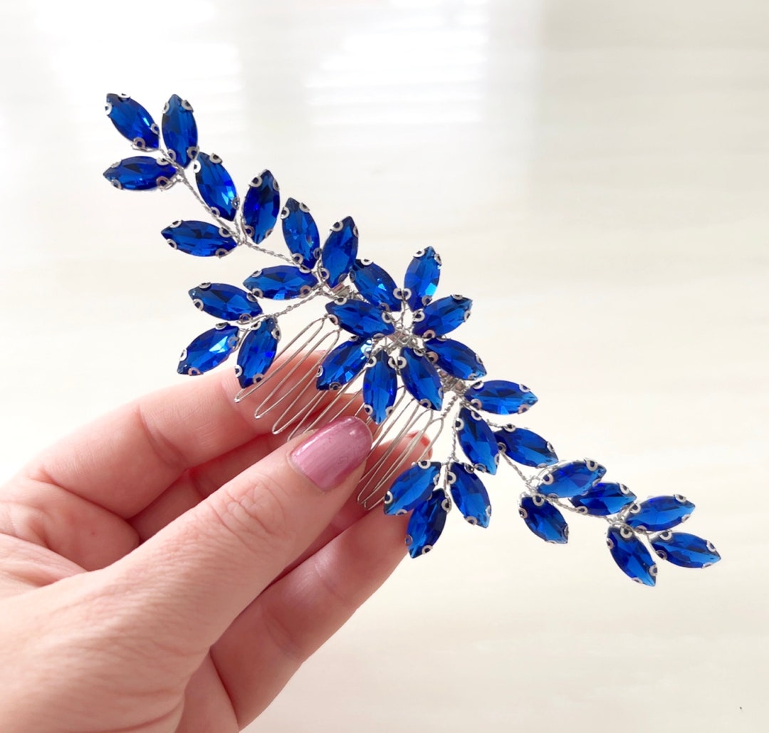 Royal Blue Crystal Decorative Hair Comb, Blue Headpiece for Wedding or ...