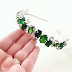 Green Crystal Bridal Headband: Silver Jeweled Occasion Hair Accessory