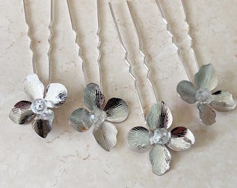 Silver Flower Hair Pins with Crystal Centers - Bridal Hair Accessories (Set of 4)