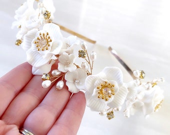 Bridal headband, White porcelain flower bridal crown,  gold bridal headpiece