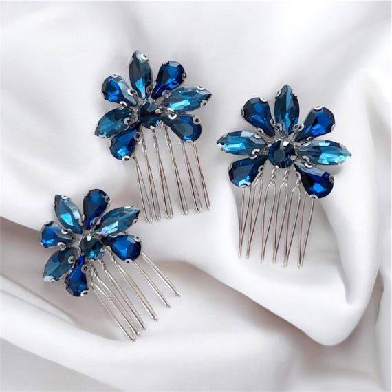 Navy Blue Crystal Flower Hair Combs, Set of 3 - Etsy