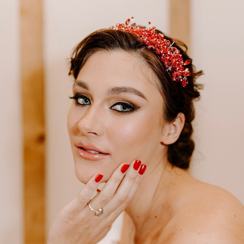 Red crystal headpiece, red bridal headband image 3