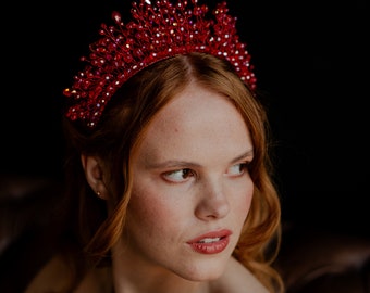 Vibrant red statement headpiece, red crystal bridal and occasion headpiece, red crown