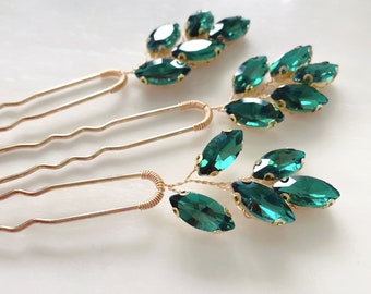 Aria Emerald green hair pins, set of three bridal and occasion crystal hair pins