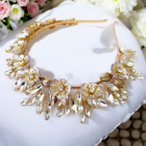 Gold flower bridal headband, boho bridal headpiece, gold flower headband