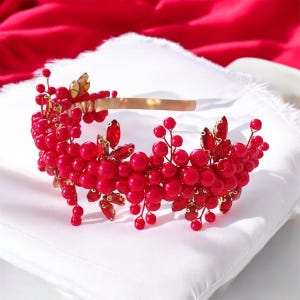 Vibrant red pearl headband, red bridal and occasion headpiece