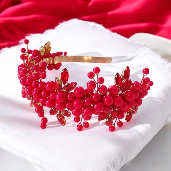 Festive Vibrant Red Pearl Headband, Red and Occasion 