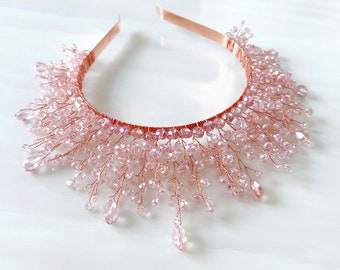 Pink crystal bridal crown, pink statement headpiece, crystal bridal and occasion headpiece