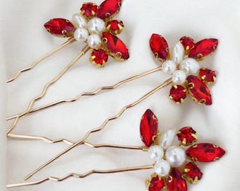 Festive Red Crystal Hair Pins: Pearl Centre, Set of 3