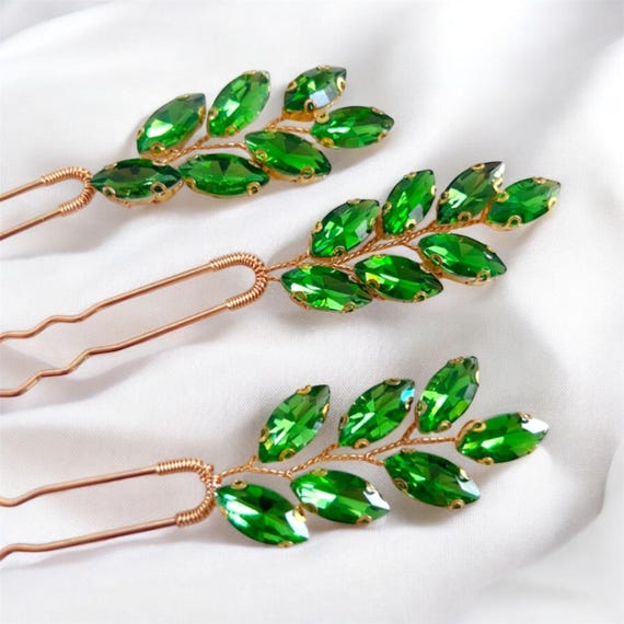 Green Crystal Leaf Hair Pins: Bridal Headpiece, Set of 3 - Etsy display picture 1