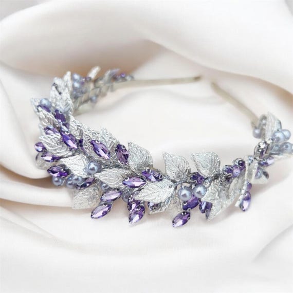 Purple Crystal Beaded Leaf Headband Amazon.com : Teyglen Leaf Bride Wedding Hair Vine Bridal  main image 3